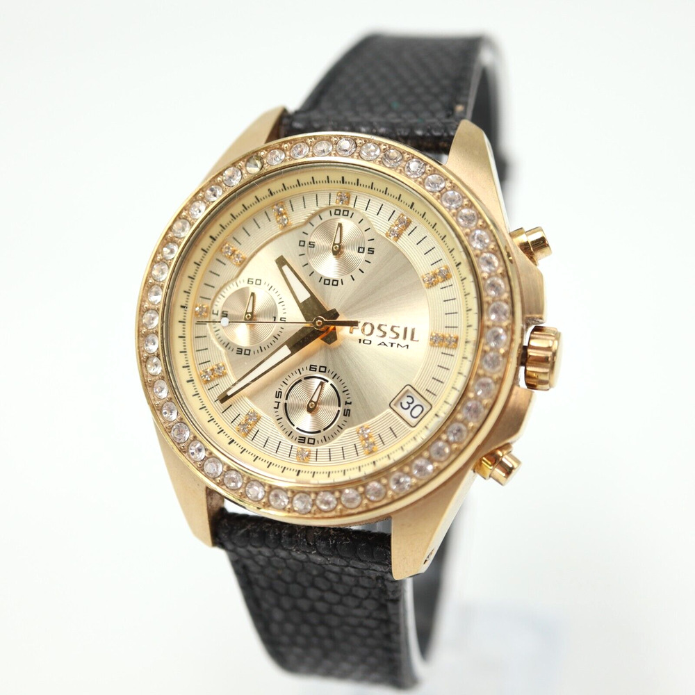 Fossil Decker Gold Tone Chronograph Women's 37mm Date Black Leather ES2683 Works